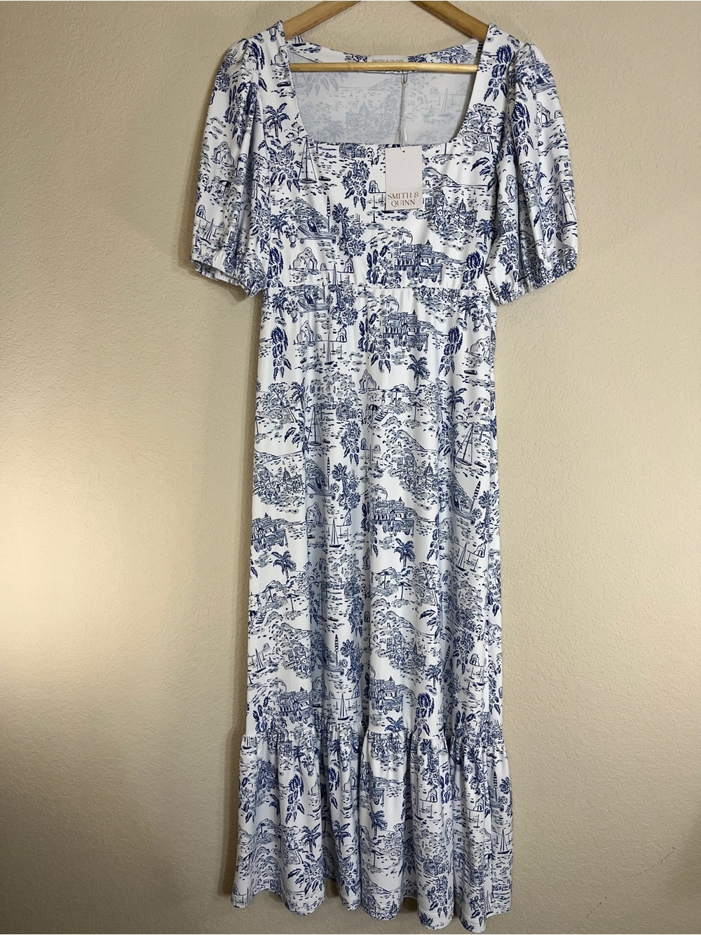 NWT Smith & Quinn Lucy Blue White Beach Toile Print Maxi Dress Square Neck SZ L